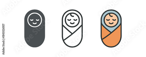 baby routine icons one flat solid monochrome one thin black outline black and white one full color flat icon swaddled baby bundle