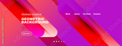 Abstract vibrant background design. Geometric shapes, gradients create modern aesthetic. Website header with navigation options visible.