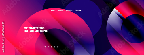 Abstract fluid shapes, vibrant colors, geometric design. Website header with navigation options present. Modern aesthetic.