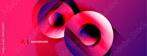 Abstract design features overlapping circles, vibrant pinks, purples, blues. Modern aesthetic, dynamic composition, suitable background element.
