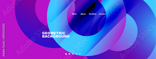 Abstract geometric background features vibrant purple, blue hues. Navigation menu includes work, about, portfolio, contact options. Modern design.
