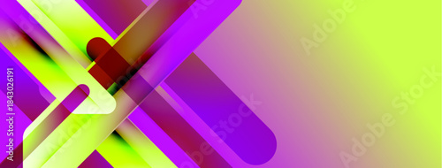 Abstract geometric shapes overlap, creating vibrant gradients. Purple, yellow hues dominate composition. Modern design elements present.