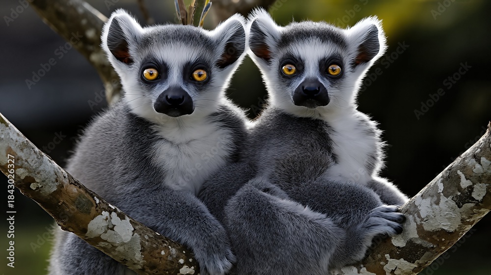 Fototapeta premium Lemurs Sitting on a Tree Branch in Madagascar During Daytime Observing Their Surroundings