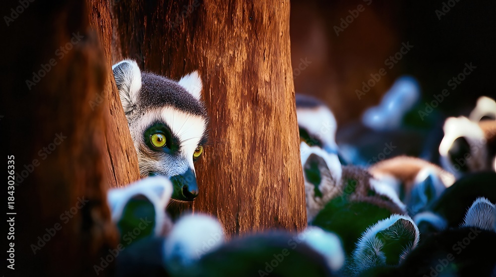Fototapeta premium Lemurs Observe Surroundings in Madagascar During Daylight Hours Near Trees