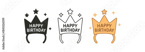 Flat vector illustration birthday crowns and headbands with small stars soft rounded shapes clean outline one black and white flat version one outline version one color version cozy festive
