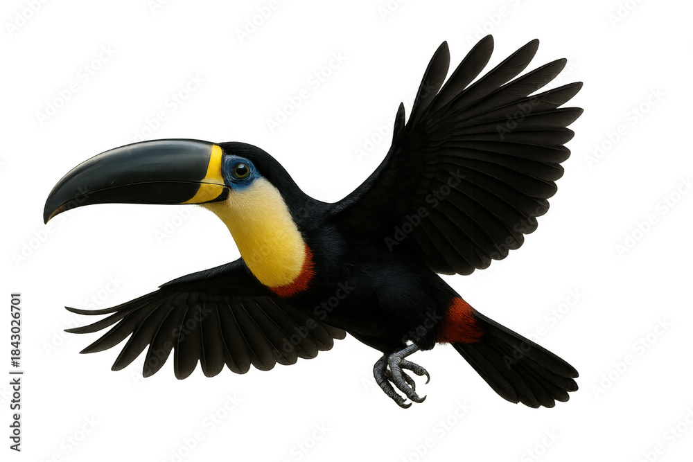 Naklejka premium Toucan bird flying, showing wings extended, colorful tropical wildlife animal, isolated on transparent background