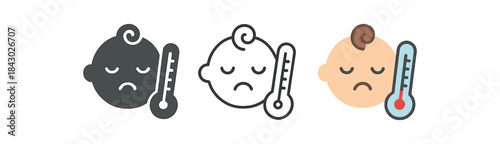 baby care icons one flat solid monochrome one thin black outline black and white one full color flat icon thermometer baby care