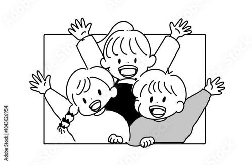 手を振る子供達の手描きイラスト（白黒,ベクター）