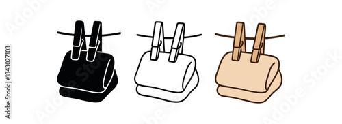 Flat vector illustration wooden pegs laundry line and folded cloth soft rounded shapes clean outline one black and white flat version one outline version one color version cozy zero waste