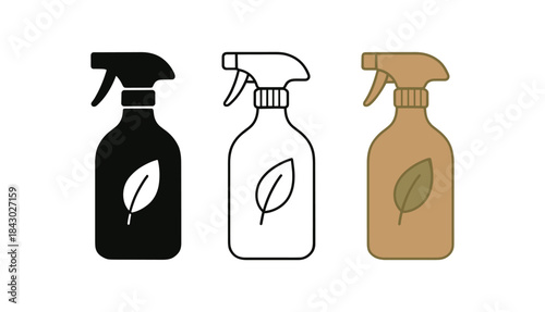 Flat vector illustration glass spray bottles with leaf icons cleaner bathroom and kitchen soft rounded silhouettes clean outline one black and white flat version one outline version one