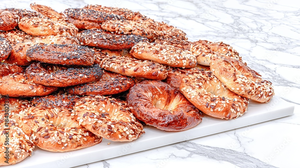 Fototapeta premium Freshly Baked Pastries Arranged on a White Marble Surface Ready for Enjoyment by Everyone