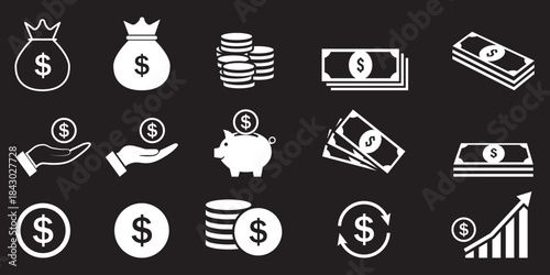 Minimalist Money Icon Set Vector Collection of Black Cash and Banknote Symbols for Finance