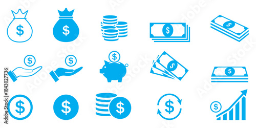 finance business icon set collection. Money coin icons set. money sign and symbol. Dollar Money coin Icon