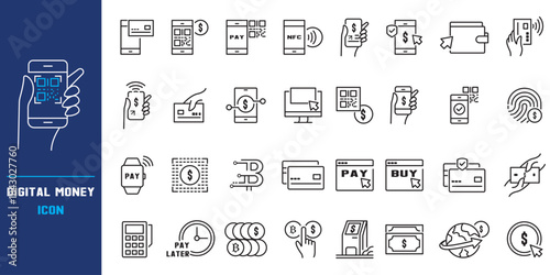 Digital banking and mobile money transfer icons and symbols for app design, website interface, online payment, finance technology, and transparent vector illustration set