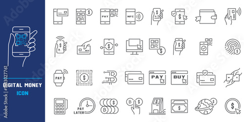 Digital banking and mobile money transfer icons and symbols for app design, website interface, online payment, finance technology, and transparent vector illustration set