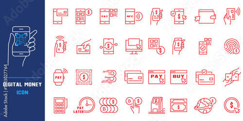 Digital banking and mobile money transfer icons and symbols for app design, website interface, online payment, finance technology, and transparent vector illustration set