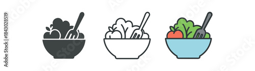 healthy lifestyle icons one flat solid monochrome one thin black outline black and white one full color flat icon salad bowl with fork