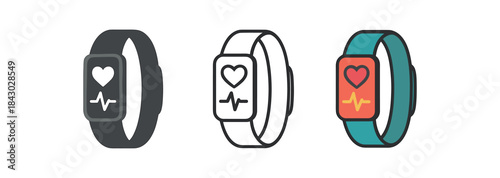 healthy lifestyle icons one flat solid monochrome one thin black outline black and white one full color flat icon fitness tracker band