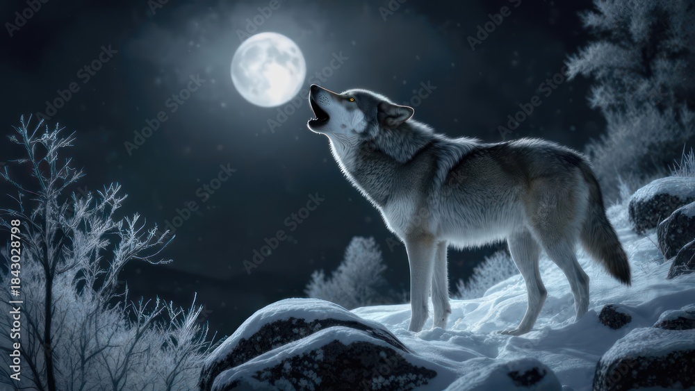 Fototapeta premium Majestic wolf howling at moonlit snowy peak