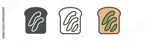 healthy lifestyle icons one flat solid monochrome one thin black outline black and white one full color flat icon avocado toast slice
