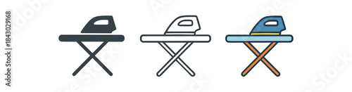 home cleaning icons one flat solid monochrome one thin black outline black and white one full color flat icon ironing board and iron