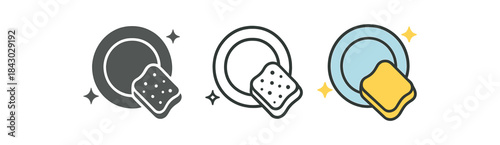 home cleaning icons one flat solid monochrome one thin black outline black and white one full color flat icon dish sponge and plate