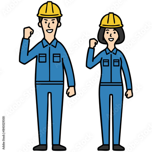 青い作業服とヘルメット姿の男女がガッツポーズで立つイラスト。なめらかな線とにこやかな表情が、希望や成長、チームワークの力を感じさせ、働く現場の前向きな雰囲気を伝えます。