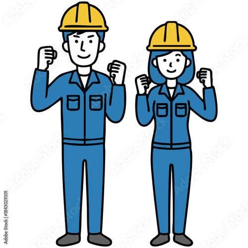 青い作業服とヘルメット姿の男女がガッツポーズで立つイラスト。なめらかな線とにこやかな表情が、希望や成長、チームワークの力を感じさせ、働く現場の前向きな雰囲気を伝えます。