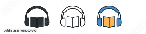 reading icons one flat solid monochrome one thin black outline black and white one full color flat icon audiobook headphones and book