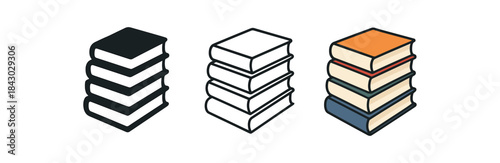 reading icons one flat solid monochrome one thin black outline black and white one full color flat icon stack of novels varied sizes