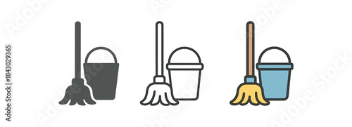 home cleaning icons one flat solid monochrome one thin black outline black and white one full color flat icon mop and bucket