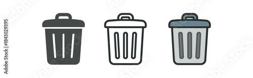 home cleaning icons one flat solid monochrome one thin black outline black and white one full color flat icon trash bin with lid