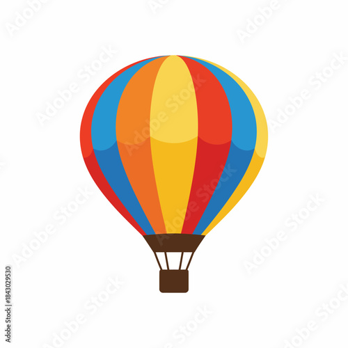 Colorful hot air balloon illustration with a brown basket on a white background