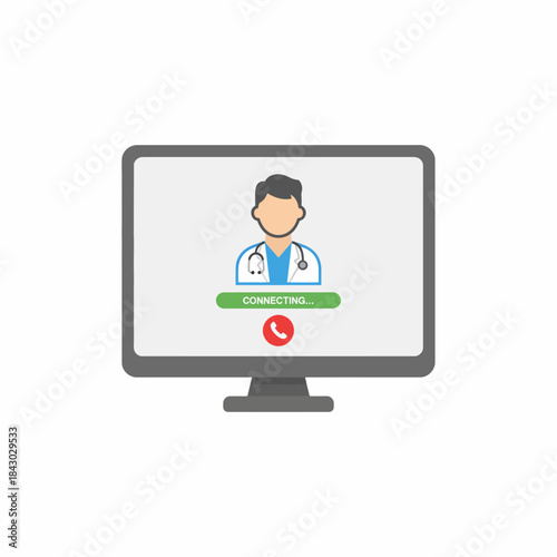 Computer monitor displaying a doctor avatar connecting via video call