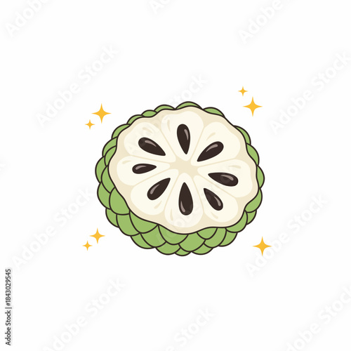 Crosssection illustration of a green segmented custard apple with dark seeds