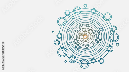 Concentric bluegreen circles and spheres on a light background centered right