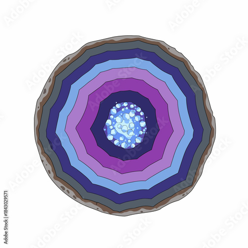 Crosssection view of a layered round mineral structure with a crystalline blue center