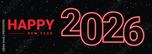 Happy New Year 2026 festive greeting with glowing red neon numbers and starry background design
