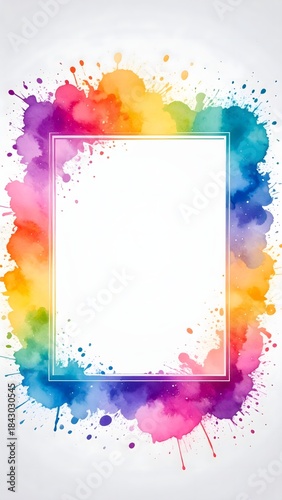 A crisp white rectangular frame is spectacularly surrounded by an explosion of vibrant, colorful watercolor splashes.