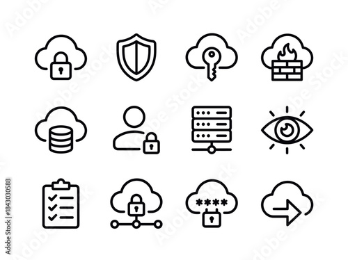 Cloud Security and Data Protection Icons Set.