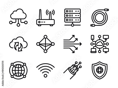 Collection of Network and Technology Icons for Digital Communication.