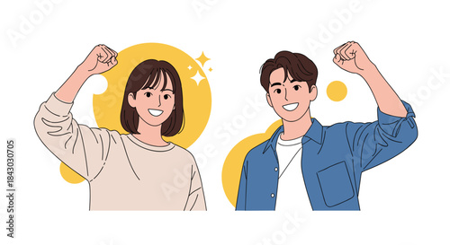 Two friends celebrate an achievement with raised fists and bright smiles against a cheerful abstract background filled with warm circular shapes and light.