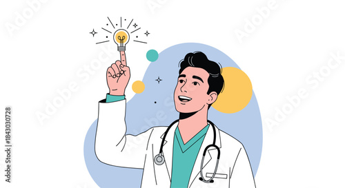 Confident physician in a white coat raises a glowing lightbulb to symbolize medical innovation and bright ideas guiding caring patient results and breakthroughs.