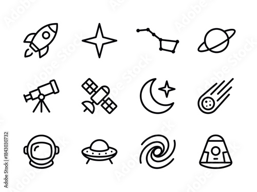 Collection of Space and Astronomy Icons in Simple Line Art Style.