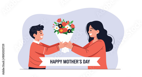 Joyful boy presents a bouquet to his mother while a banner below announces a happy mothers day celebrating love gratitude and family bonds.