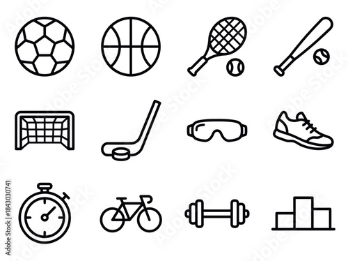 Collection of Sports Equipment Icons and Symbols.
