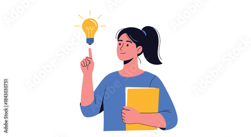 Thoughtful student who loves science shows a bright idea while holding books and pointing to a glowing light bulb above her head as a sign of creativity.