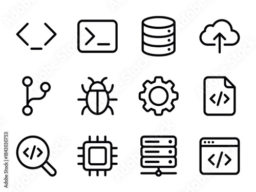 Collection of Technology and Coding Icons for Digital Projects.