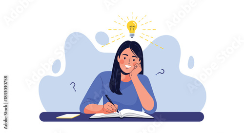Young student sits at a desk writing in a notebook with a thoughtful expression and a lightbulb moment above her head signaling creativity and learning.