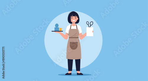 Cheerful craftsman wearing an apron balances a tray and a pair of scissors as they prepare tools for a creative project in a bright studio.